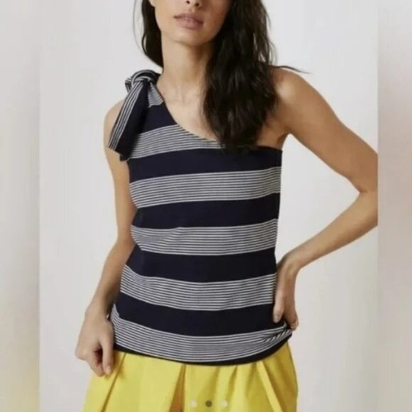 NWOT Anthropologie Bishop + Young Navy & White One Shoulder Tie Tank Size Small - Picture 2 of 12